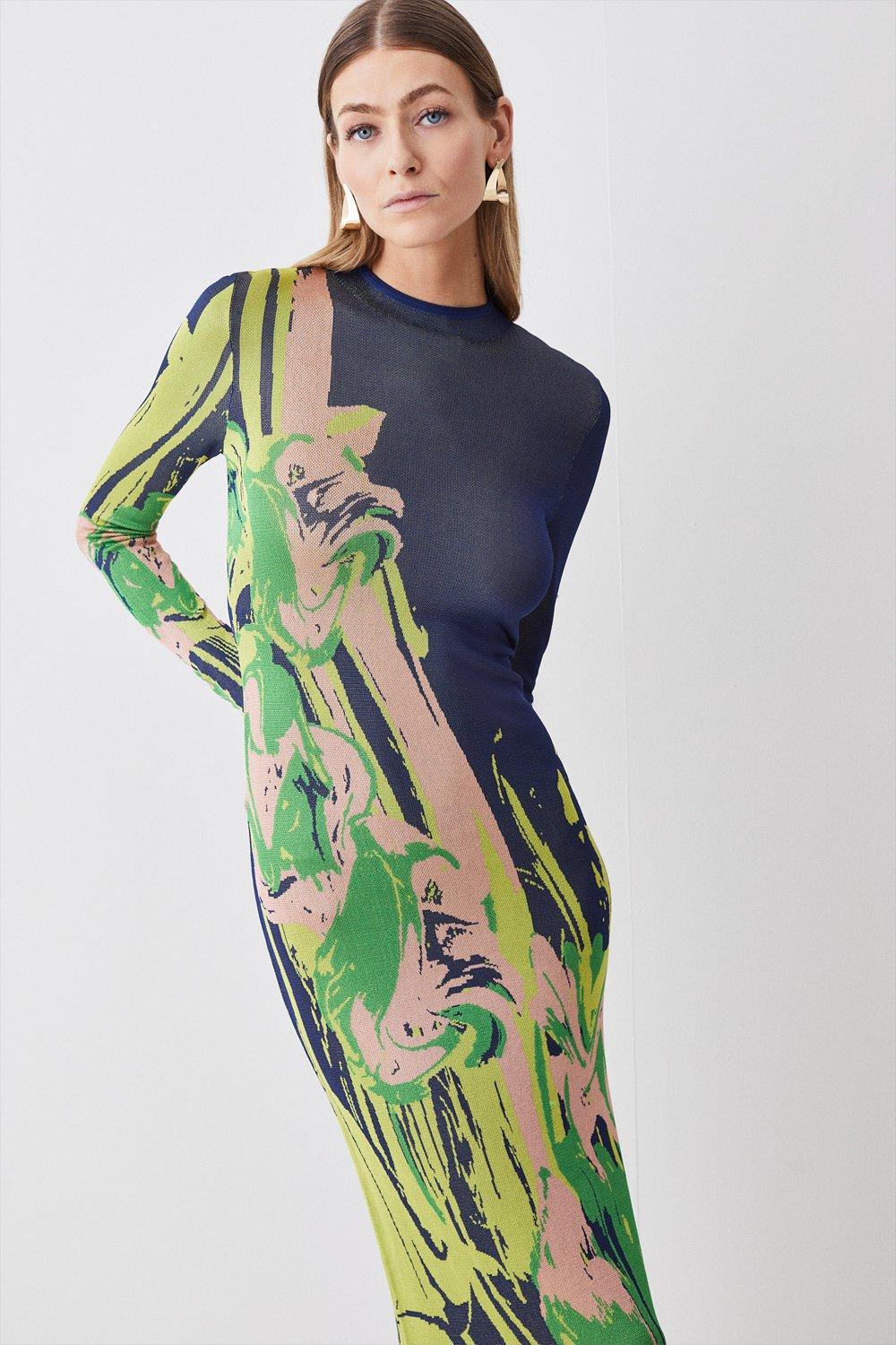 Slinky Jacquard Long Sleeve Knitted Maxi Dress