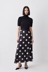 KarenMillen Polka Dot Printed Satin Skirt Half Sleeve Rib Knit Midi Dress thumbnail 1