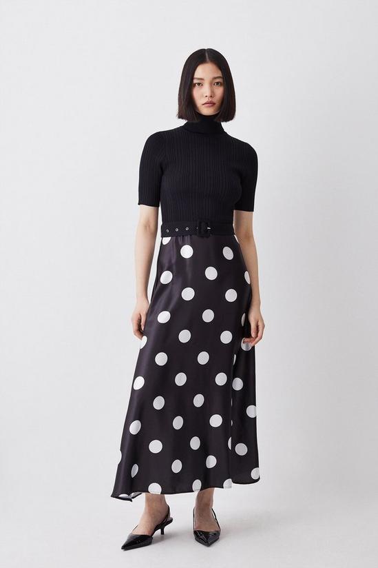 KarenMillen Polka Dot Printed Satin Skirt Half Sleeve Rib Knit Midi Dress 1
