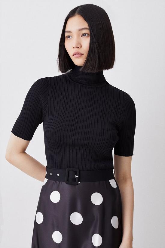 KarenMillen Polka Dot Printed Satin Skirt Half Sleeve Rib Knit Midi Dress 2