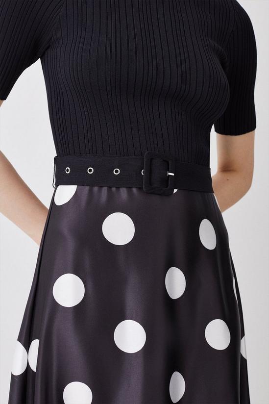 KarenMillen Polka Dot Printed Satin Skirt Half Sleeve Rib Knit Midi Dress 3