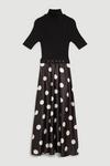 KarenMillen Polka Dot Printed Satin Skirt Half Sleeve Rib Knit Midi Dress thumbnail 4