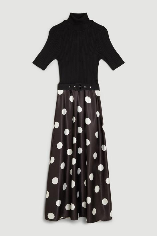 KarenMillen Polka Dot Printed Satin Skirt Half Sleeve Rib Knit Midi Dress 4