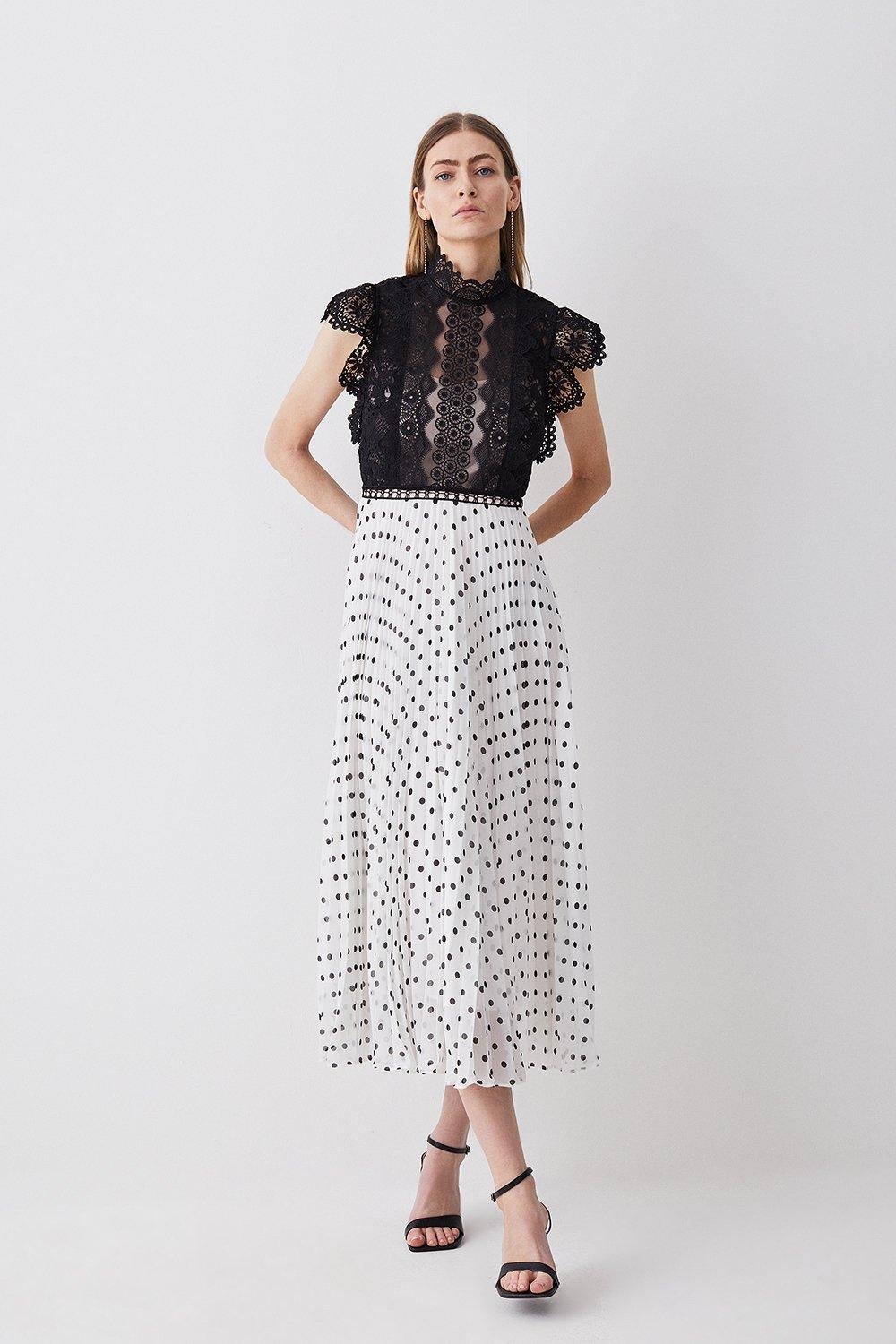 Guipure Lace Dot Pleated Skirt Midi Dress