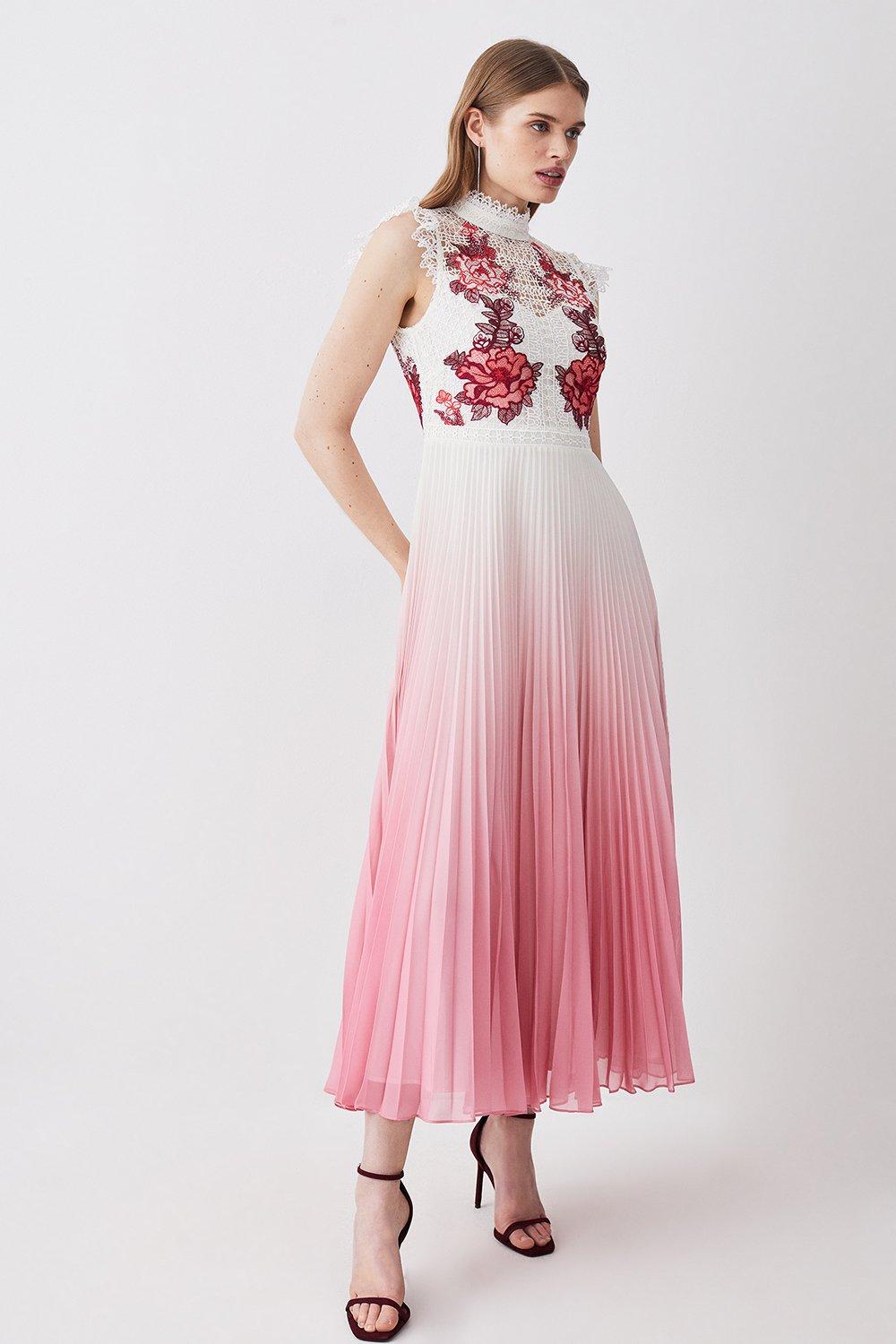 rose guipure lace woven pleat skirt midi dress