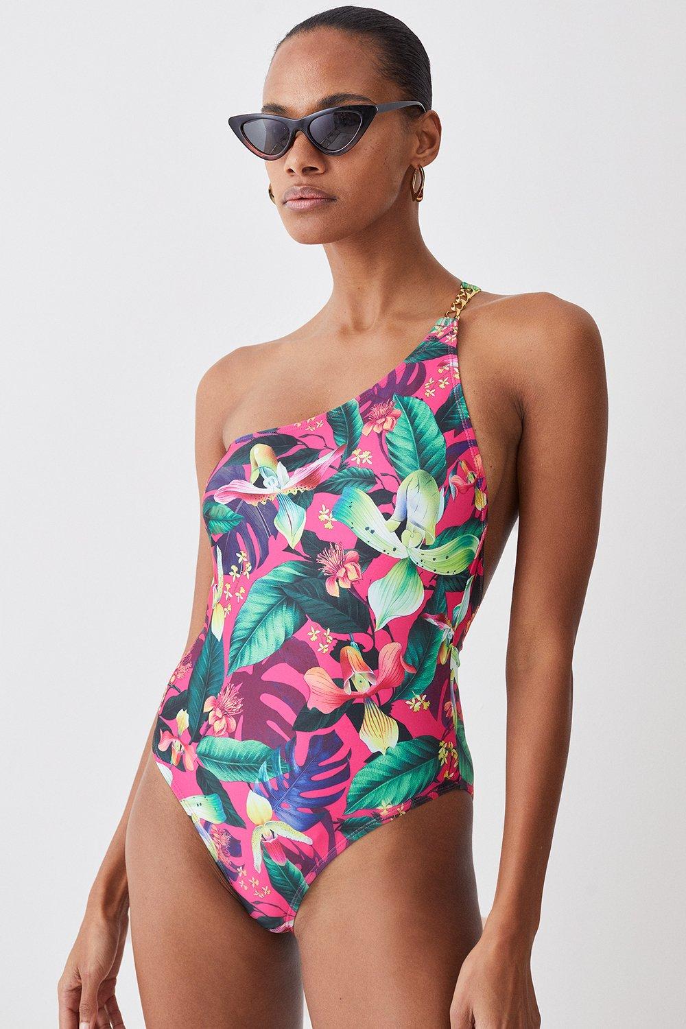 Tropical Print One Shoulder Chain Strap Cut Out Swimsuit