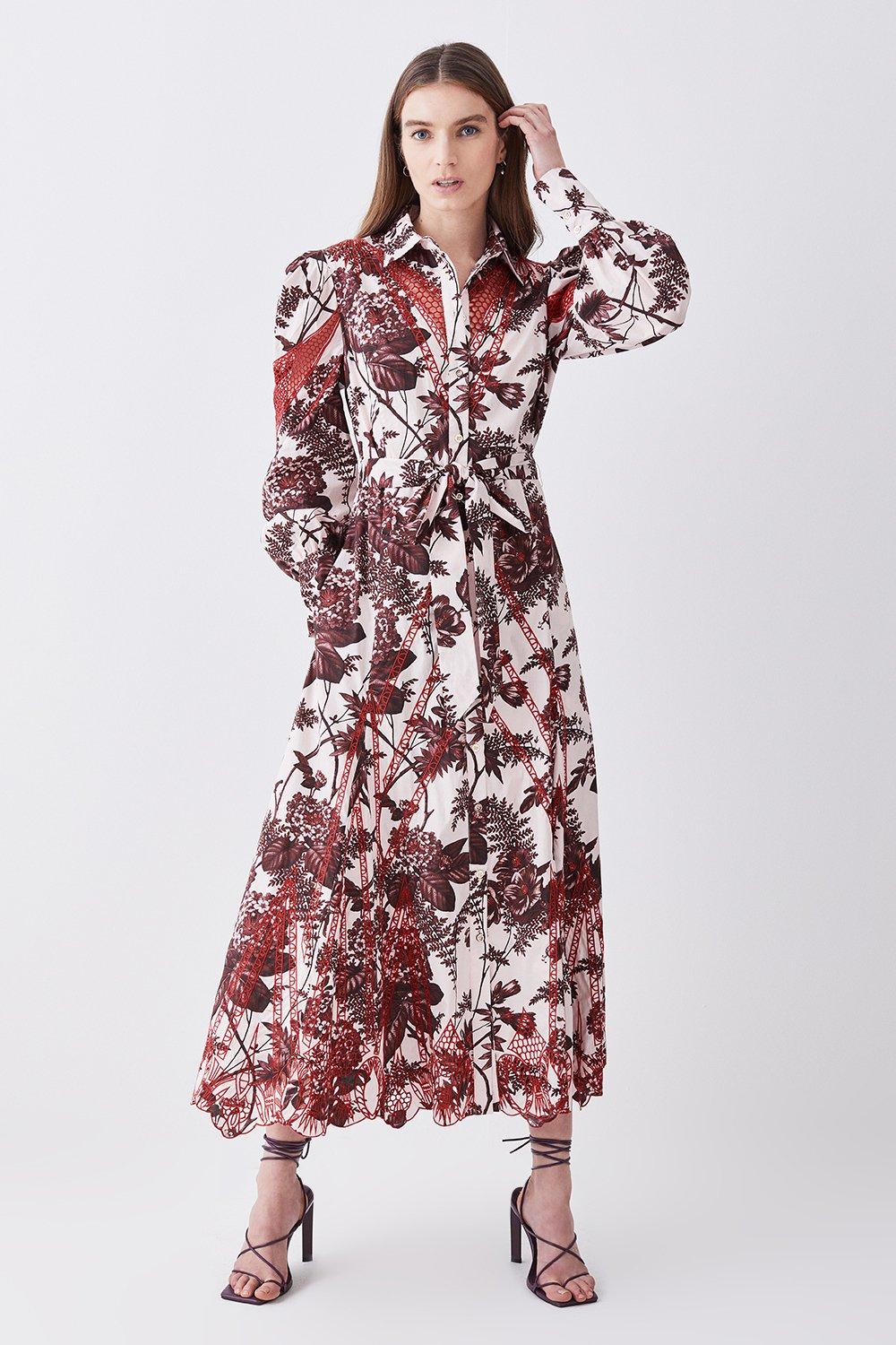 Floral Cotton Cutwork And Print Midi Shirt Dress