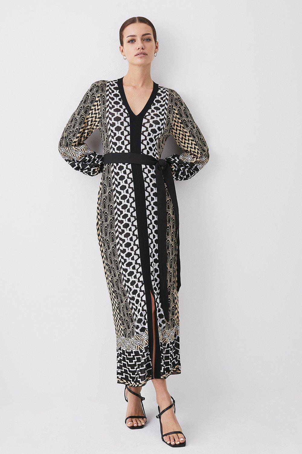 Petite Slinky Jacquard Blouson Sleeve Knitted Maxi Dress