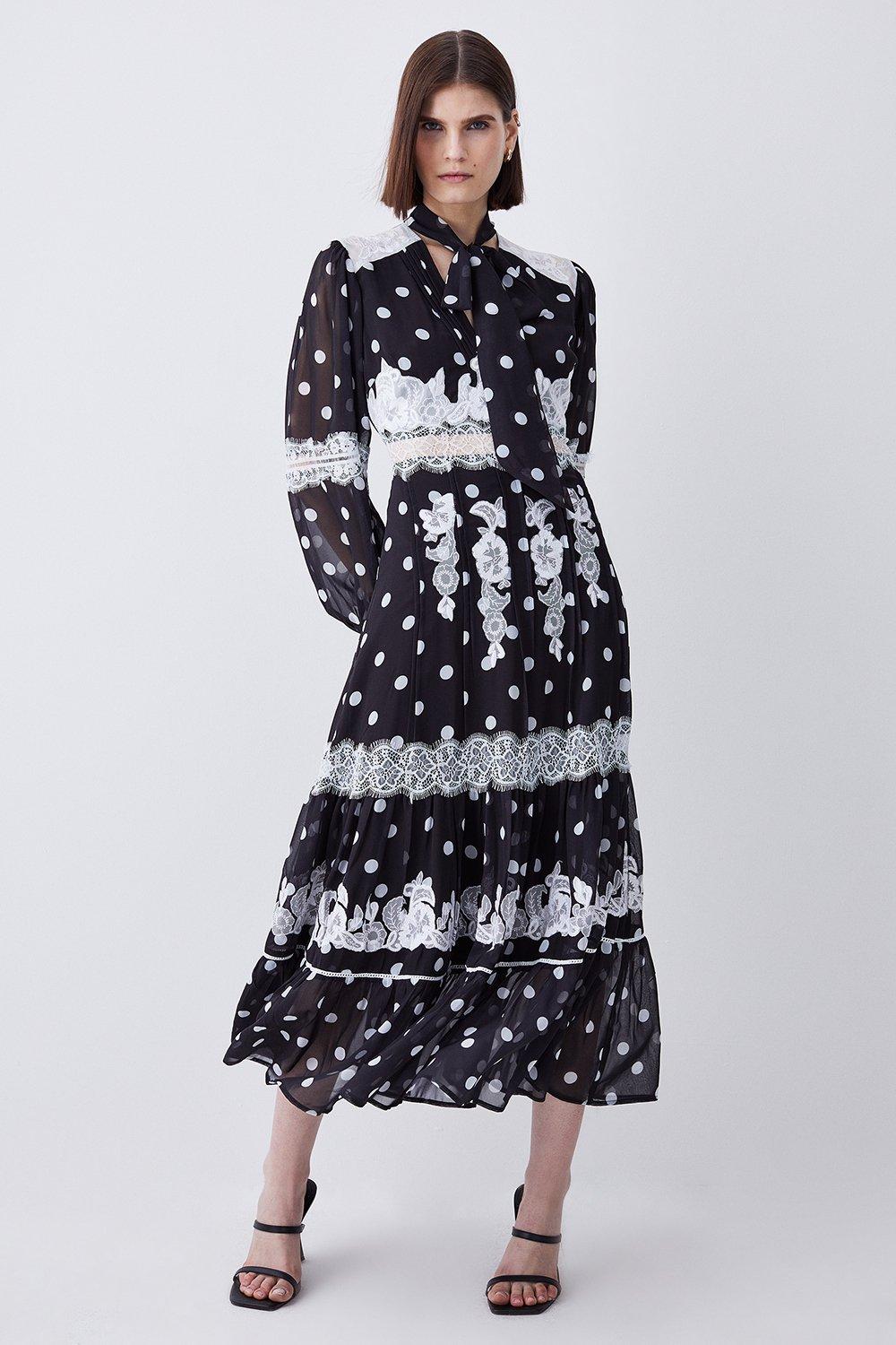 Polka Dot Mix Lace & Embroidery Maxi Dress