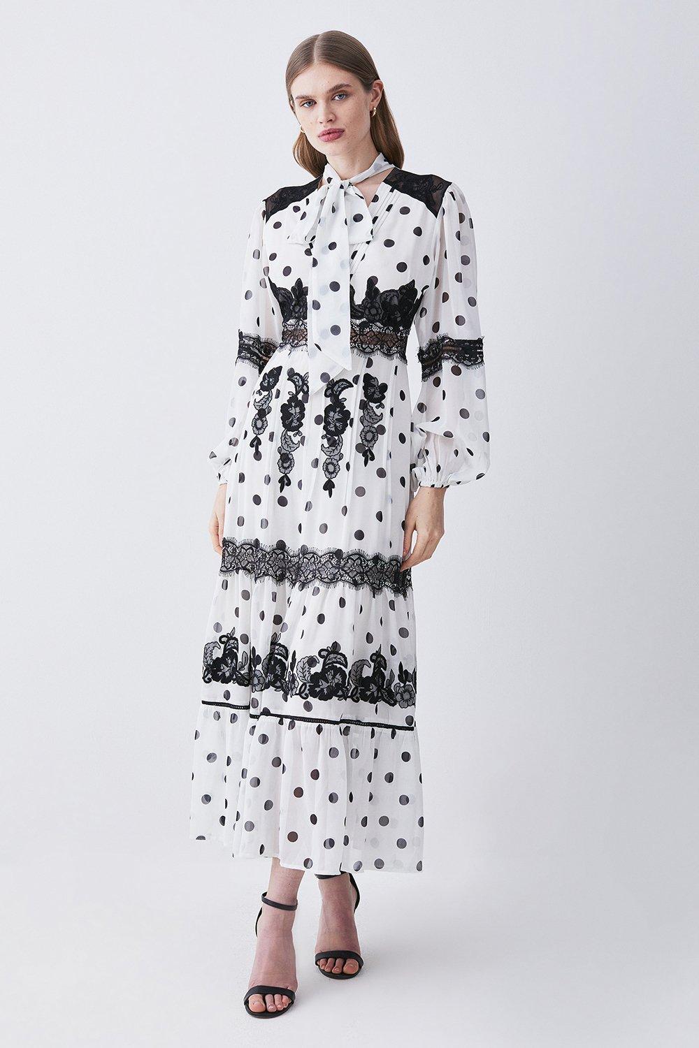 Tall Polka Dot Mix Lace & Embroidery Maxi Dress