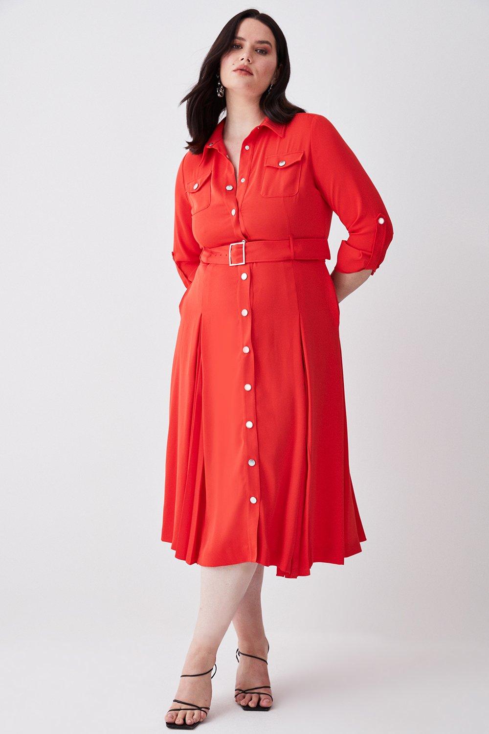 Plus Size Soft Tailored Pleat Panel Sleeved Belted Midi Dress