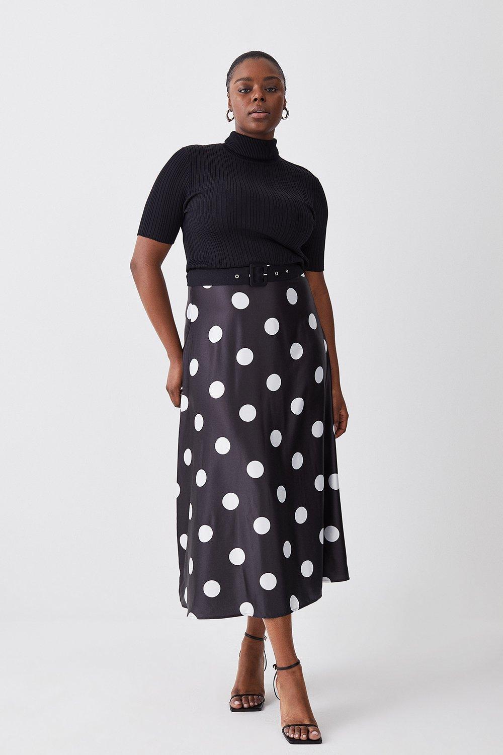 Plus Size Polka Dot Printed Satin Skirt Half Sleeve Rib Knit Midi Dress