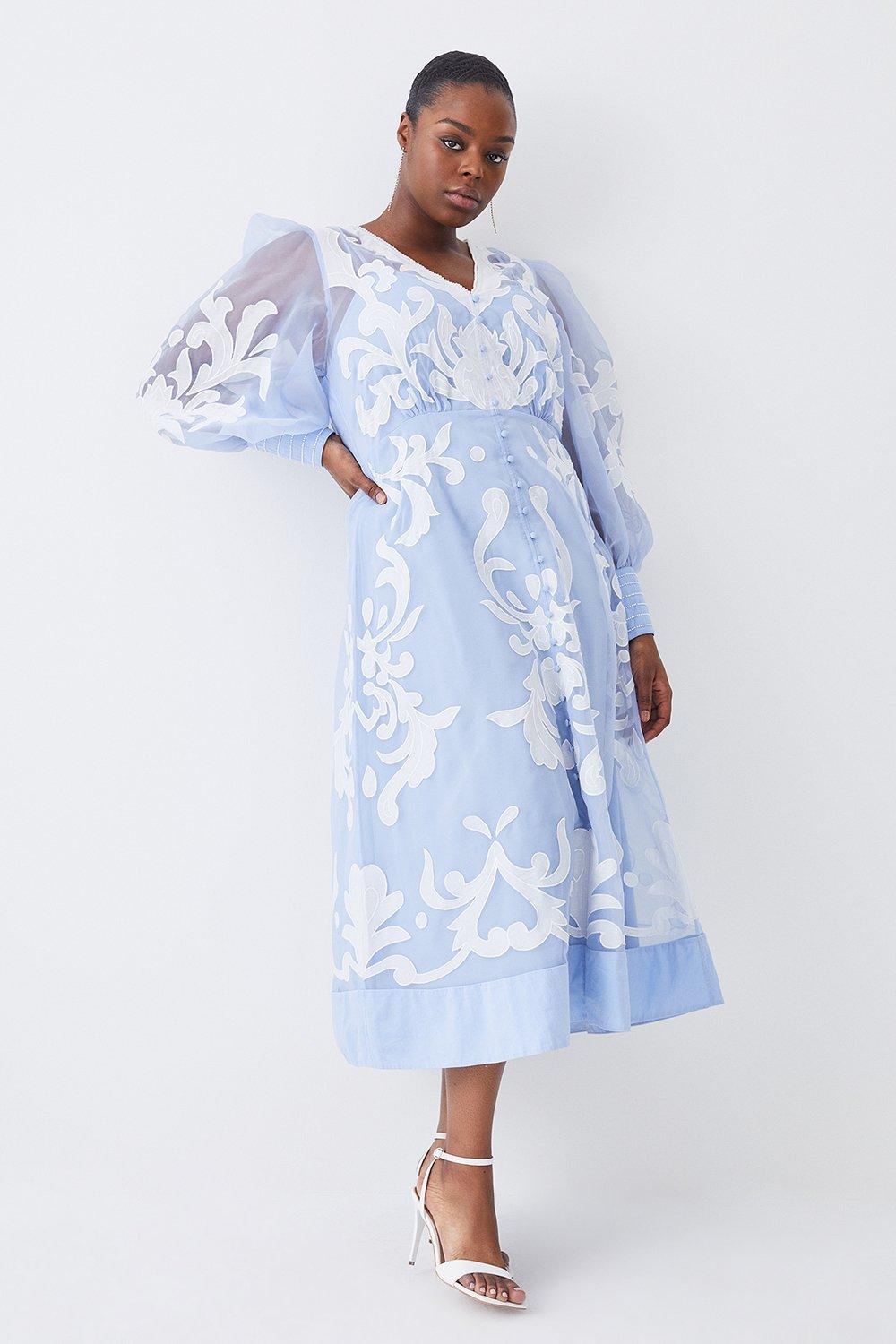 Plus Size Applique Organdie Buttoned Woven Maxi Dress