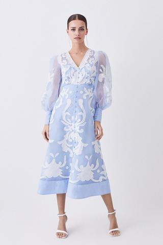 Product Applique Organdie Buttoned Woven Maxi Dress blue