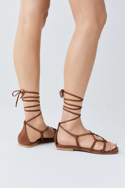 Leather Ghille Tie Flat Sandals