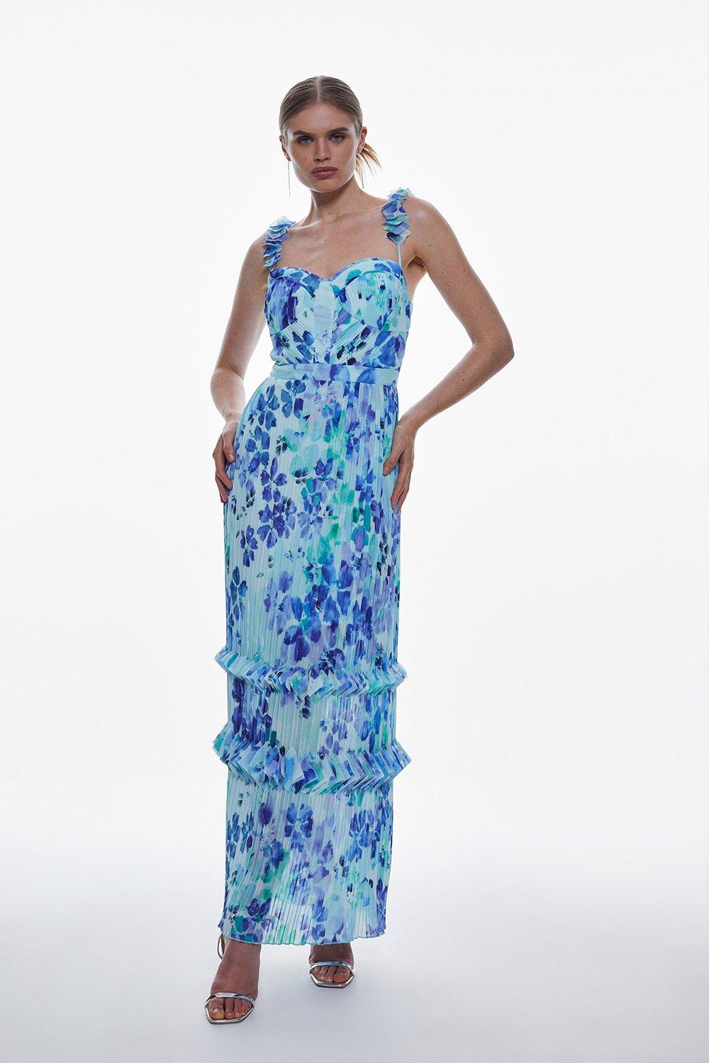 Pleat Detail Petal Print Strappy Woven Midi Dress