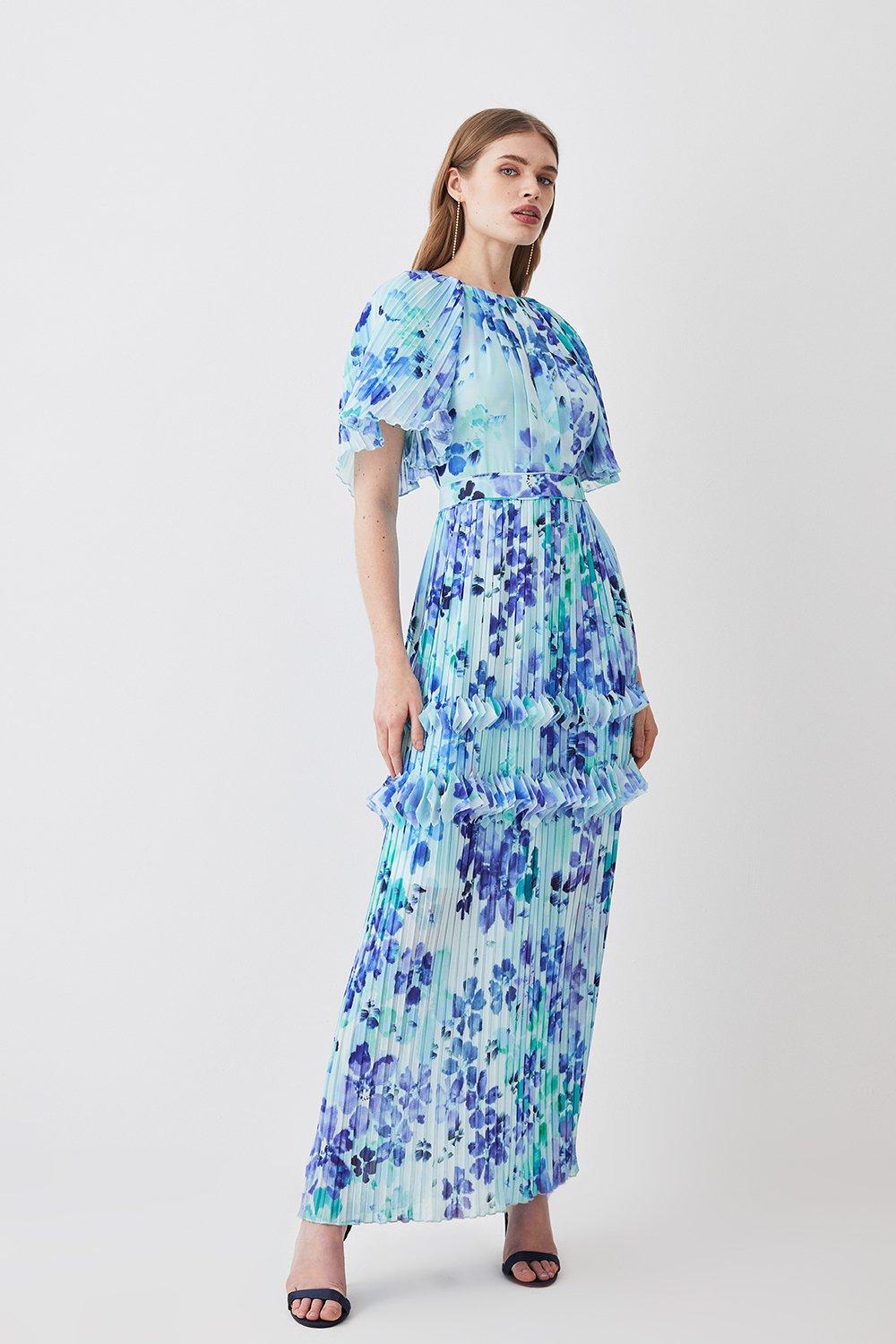 Pleat Detail Petal Print Woven Midaxi Dress