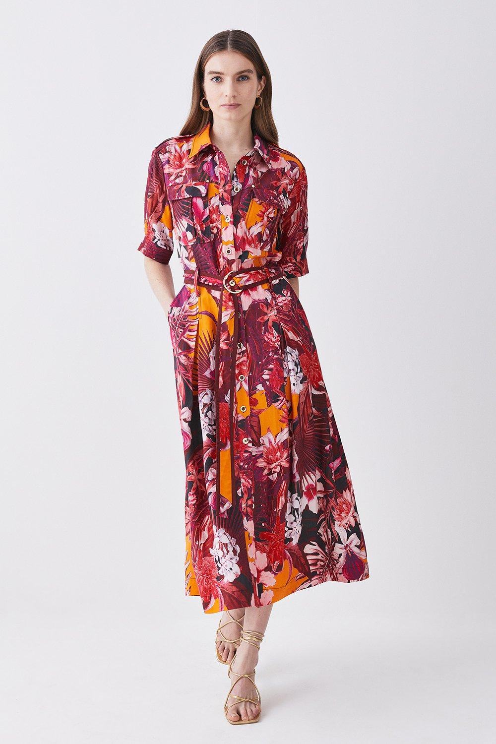 Tropical Floral Premium Linen Woven Shirt Dress