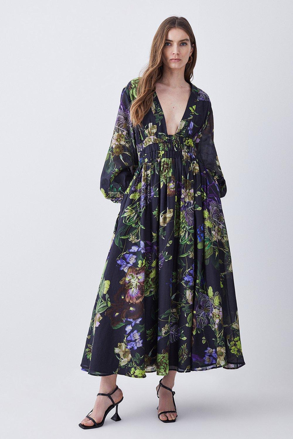 silk cotton botanical floral woven maxi dress