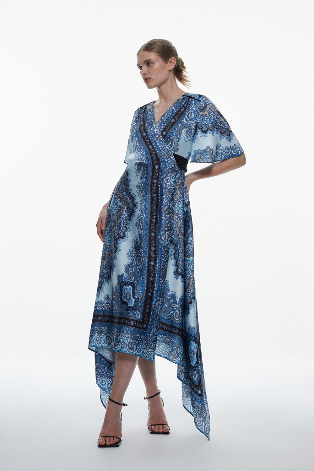 Scarf Printed Hammered Satin Woven Wrap Midi Dress