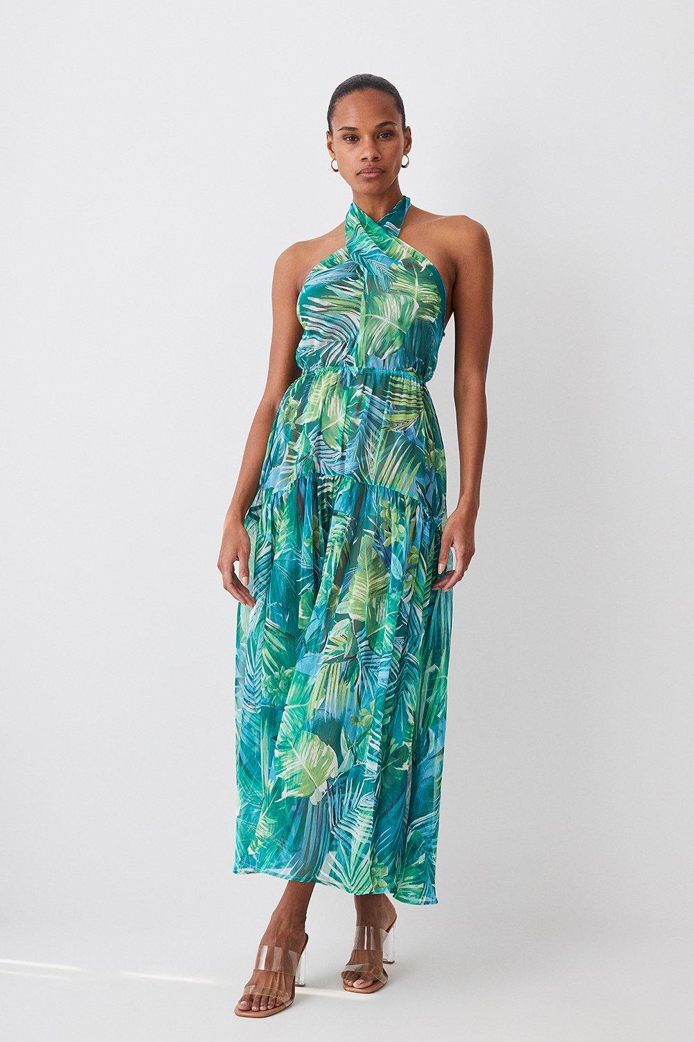 Tropical Printed Halter Woven Beach Maxi Dress
