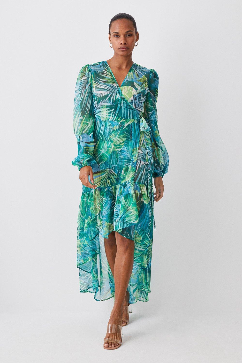 Tropical Printed Plunge Woven Beach Drama Maxi Dress