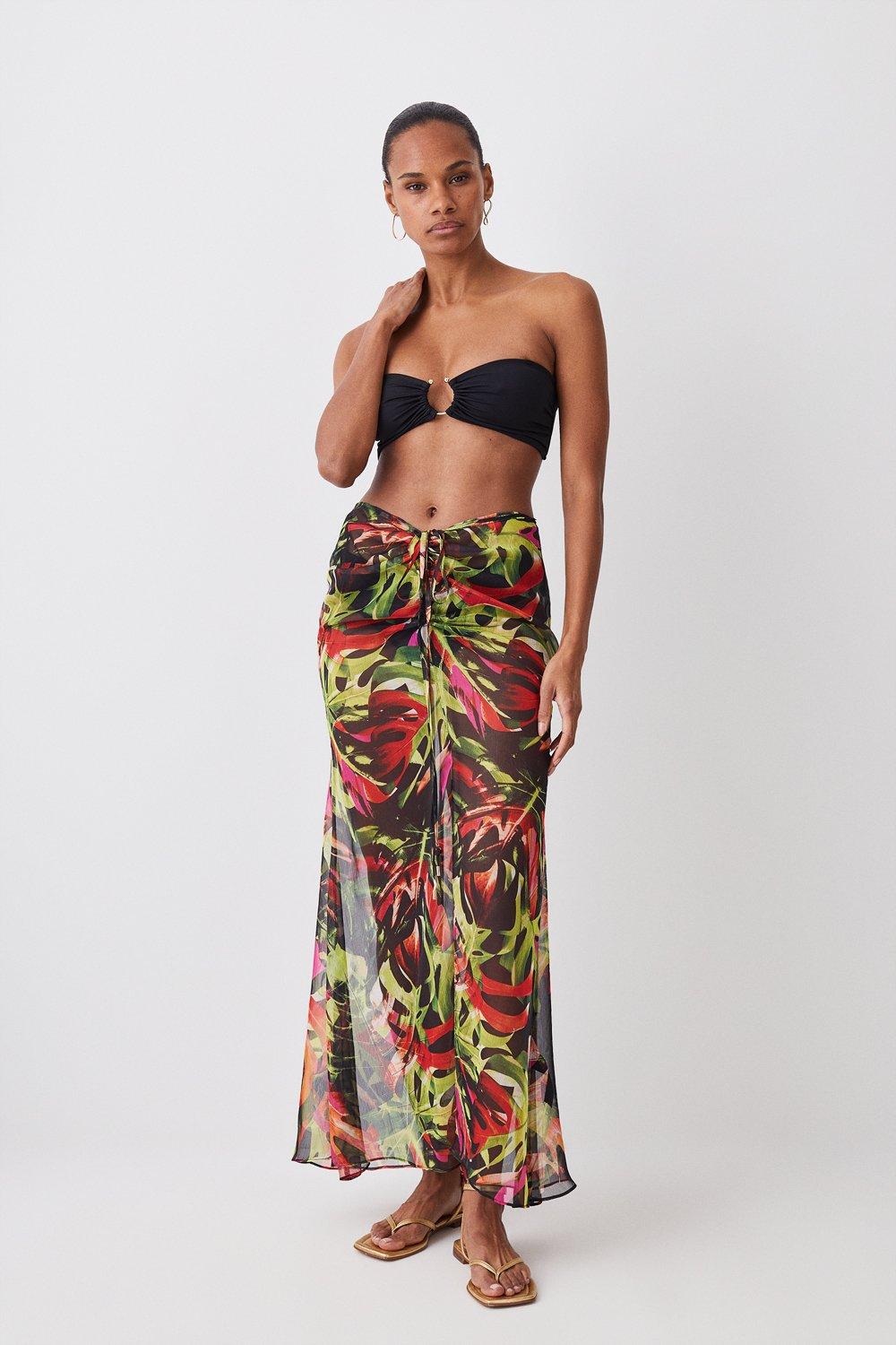 Floral Palm Printed Ruched Woven Beach Skirt
