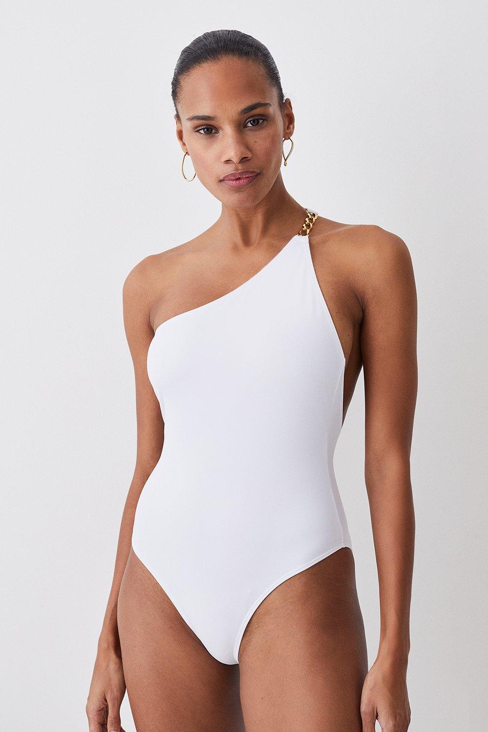 One Shoulder Chain Strap Cut Out Swimsuit