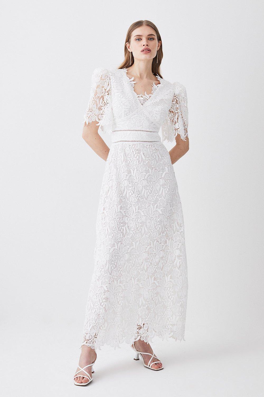 Petite Guipure Lace Flute Sleeved Woven Maxi Dress