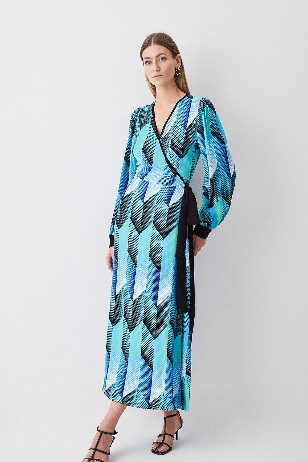 Geo Print Woven Wrap Midi Dress