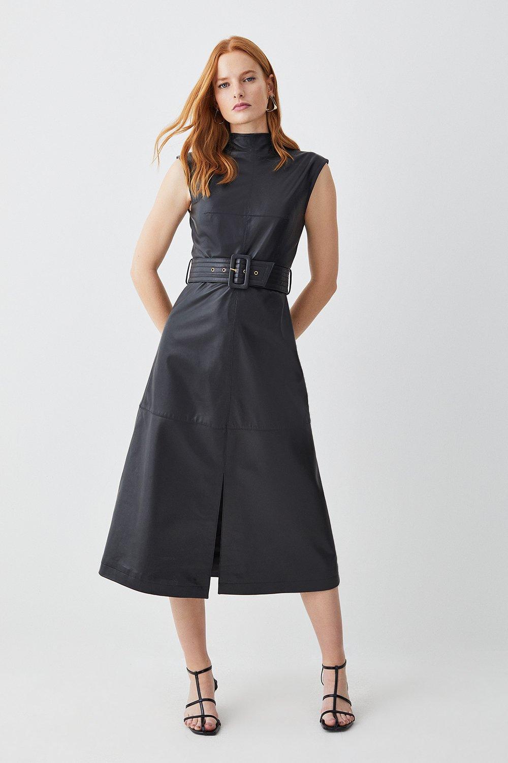 Leather Belted High Neck Midi Dress