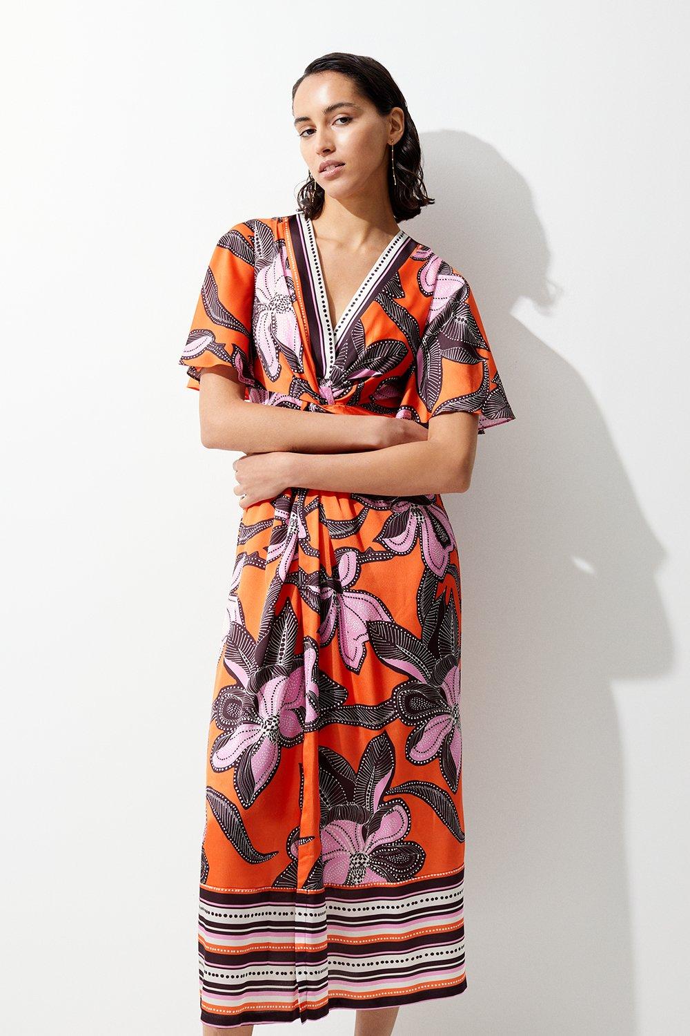 Batik Floral Placed Hammered Satin Twist Midi Dress