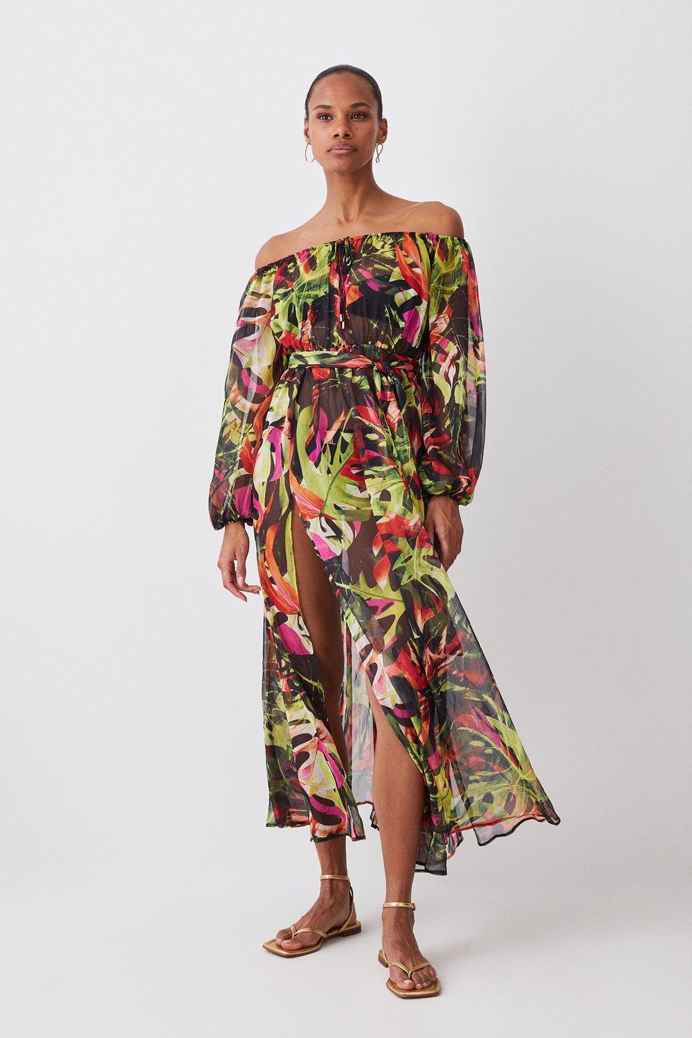 Floral Palm Crinkle Bardot Belted Woven Beach Maxi Dress