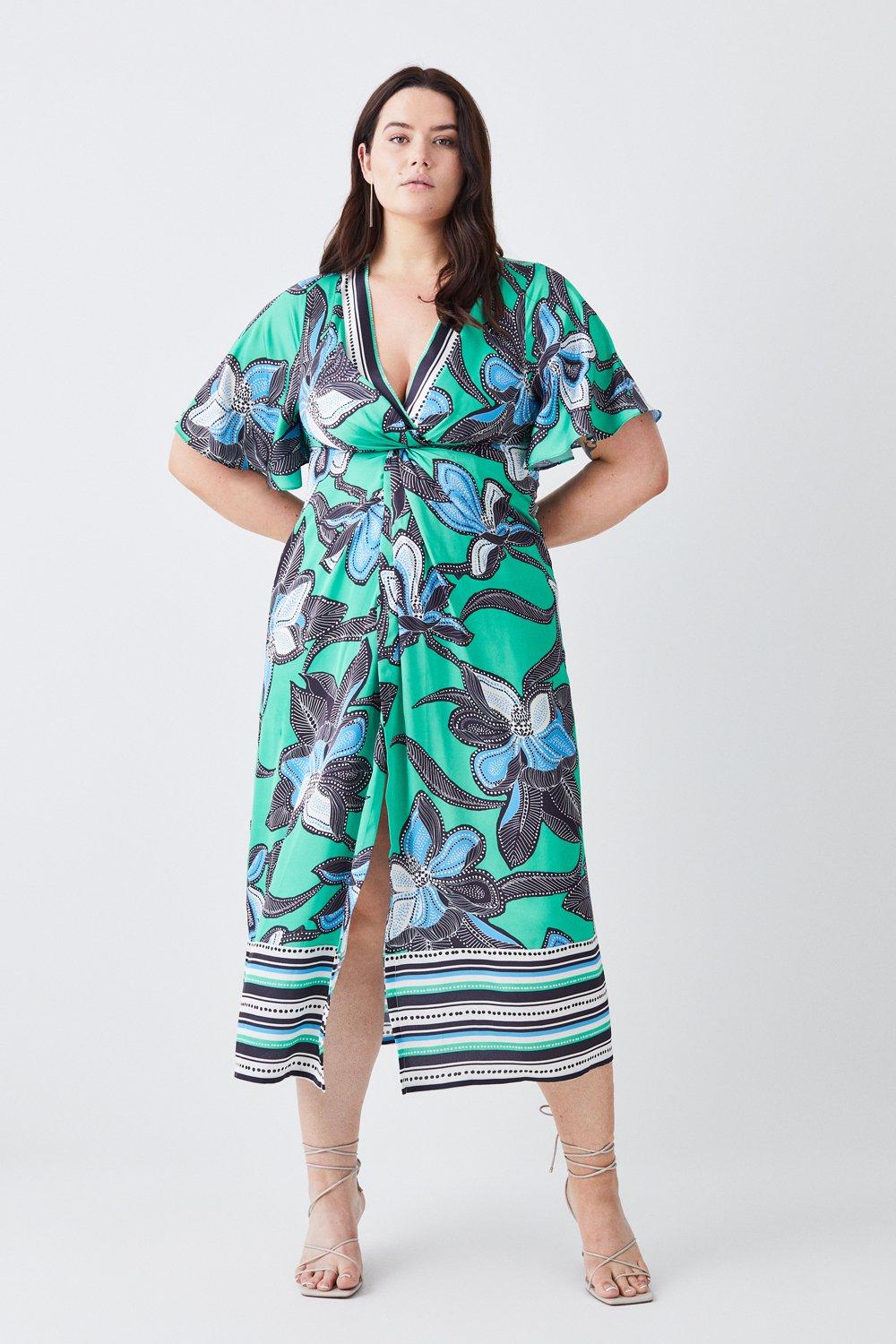 Plus Size Batik Floral Hammered Satin Twist Midi Dress