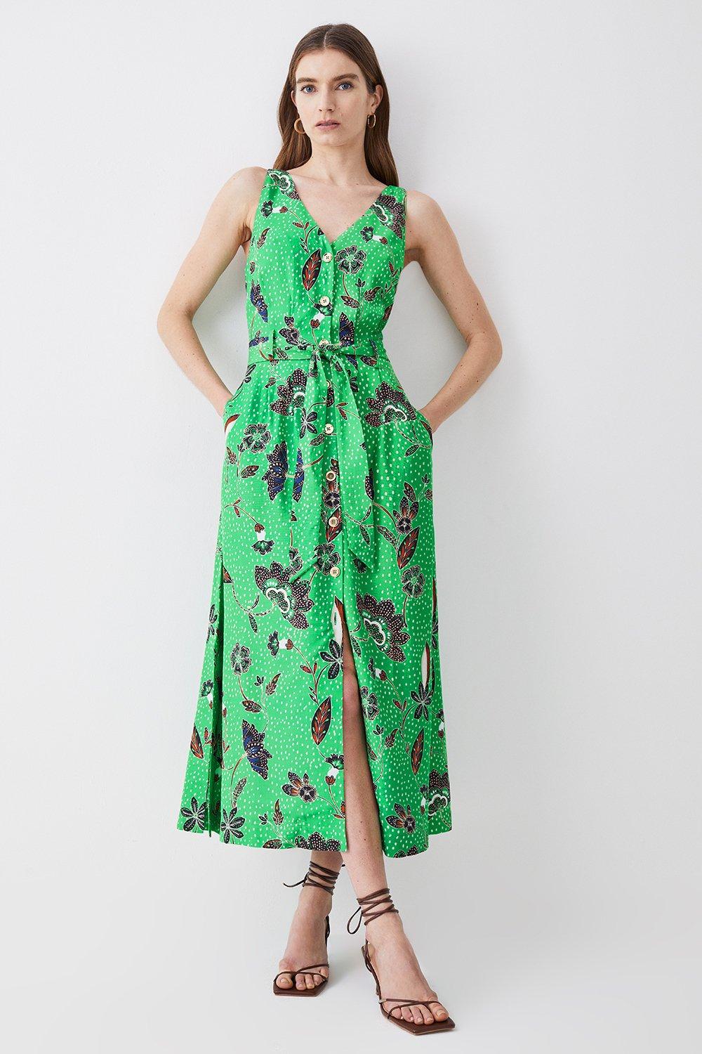 Batik Print Belted Premium Linen Viscose Woven Midi Dress