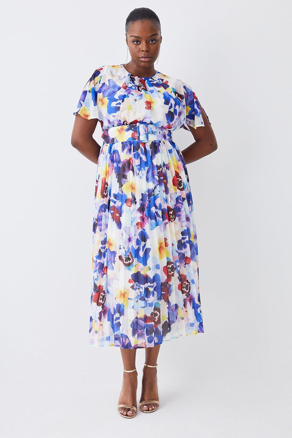 plus size floral georgette pleated belted woven midi dress