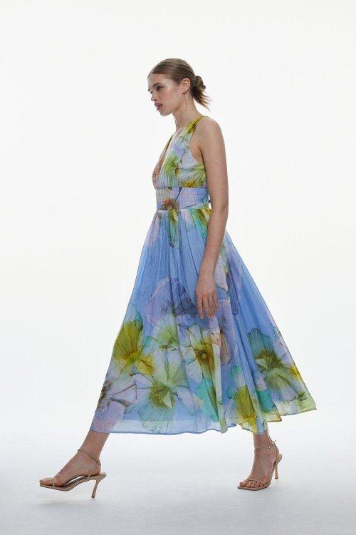 Photographic Floral Sleeveless Silk Cotton Midi Dress
