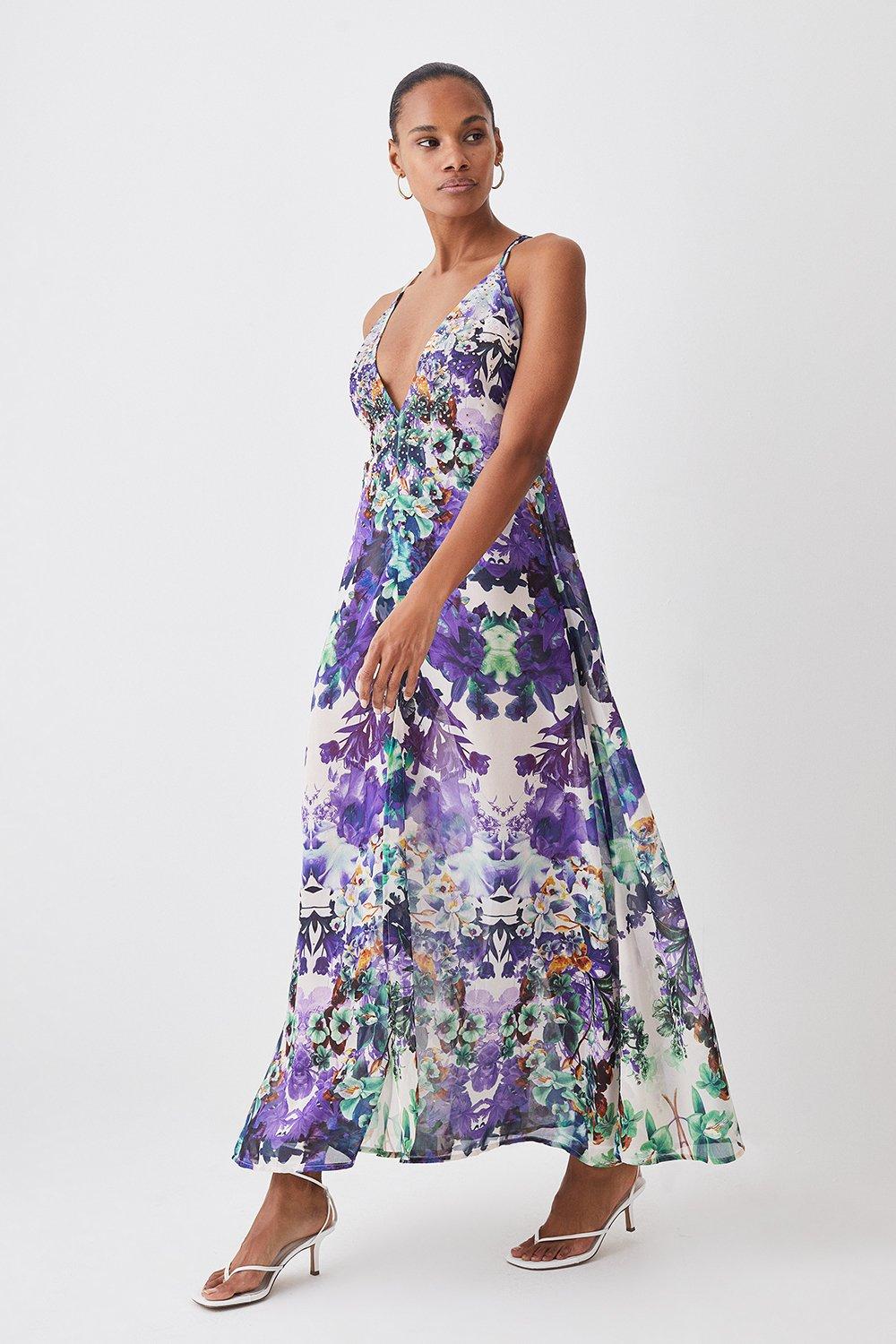 Mirrored Floral Embellished Strappy Beach Maxi Dress