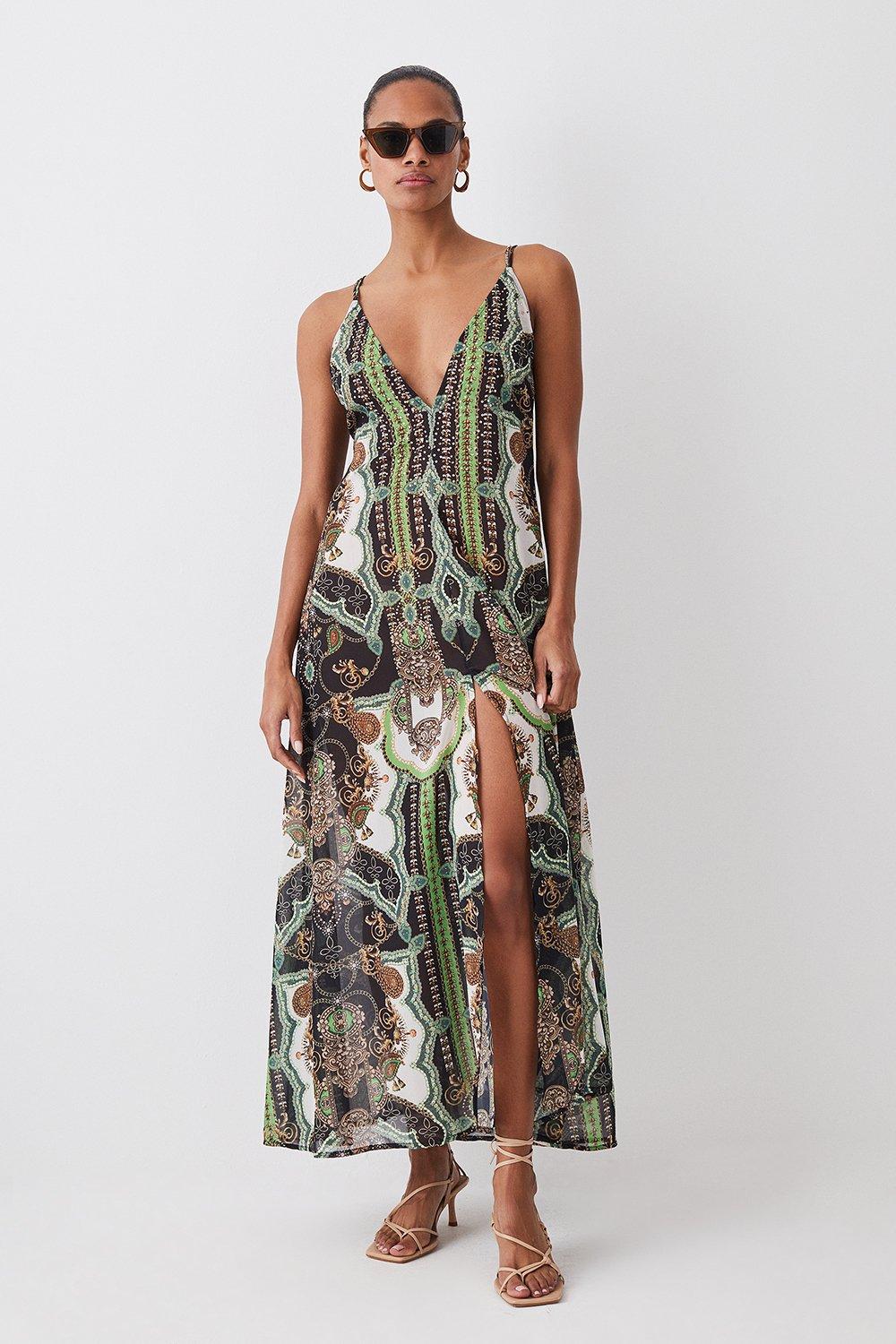 Placed Print Embellished Strappy Beach Maxi Dress