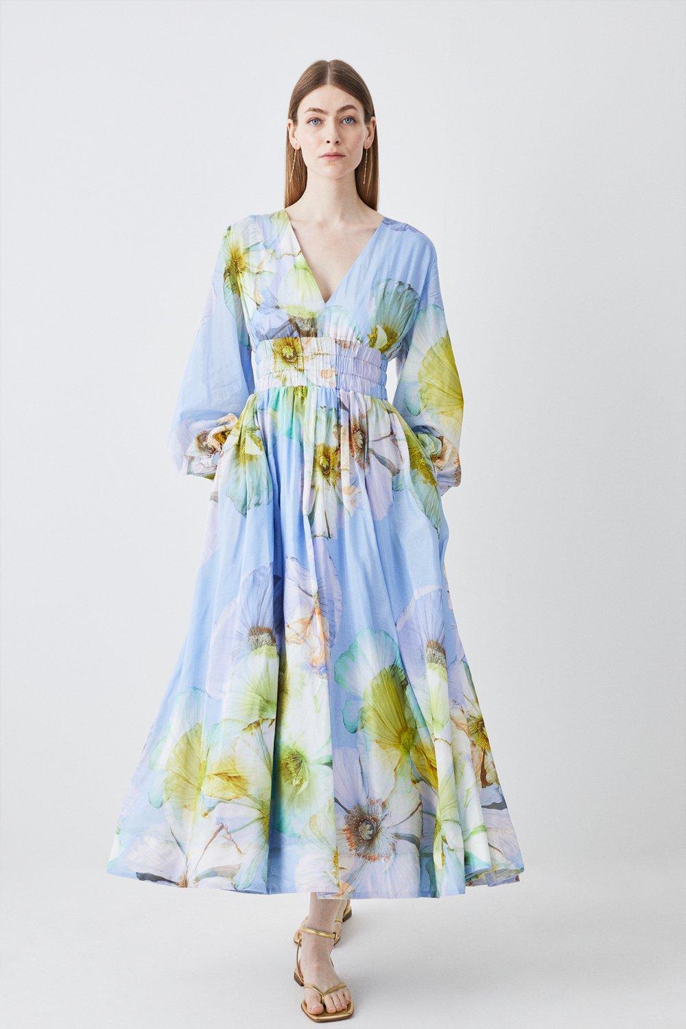 Photographic Floral Balloon Sleeve Silk Cotton Maxi Dress