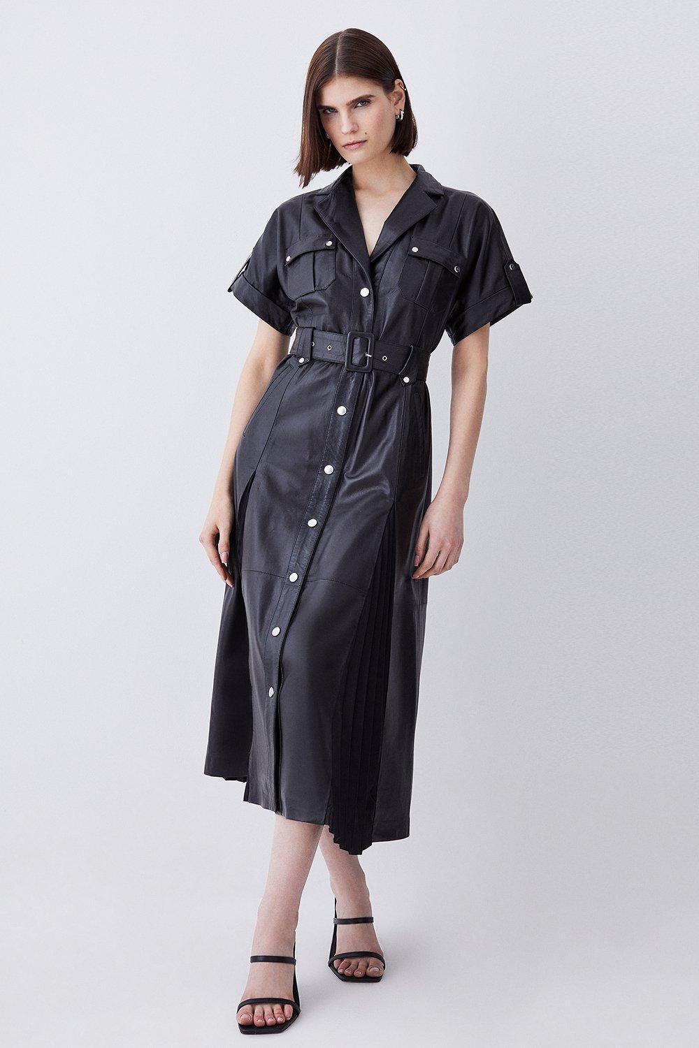 Leather Belted Button Detail Shirt Midi Dress