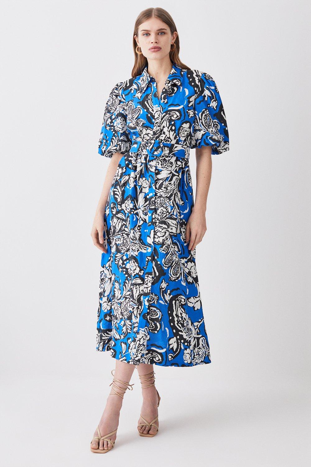 Batik Viscose Linen Belted Midi Shirt Dress