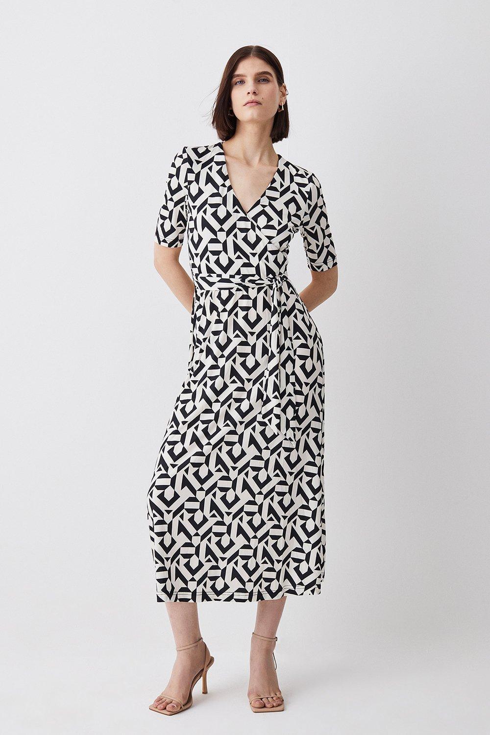 Tall Half Sleeve Geometric Printed Jersey Wrap Midi Dress