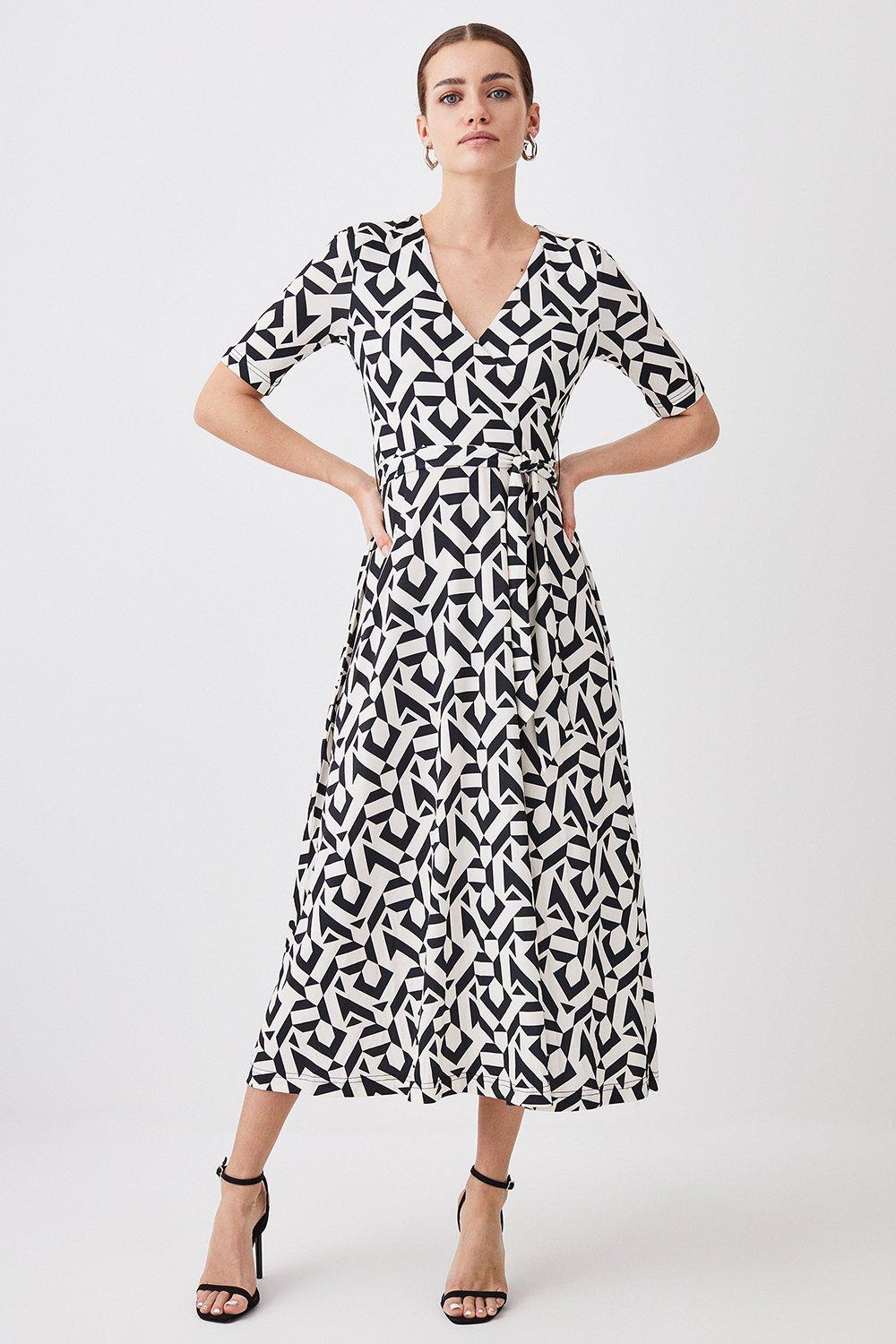 Petite Half Sleeve Geometric Printed Jersey Wrap Midi Dress