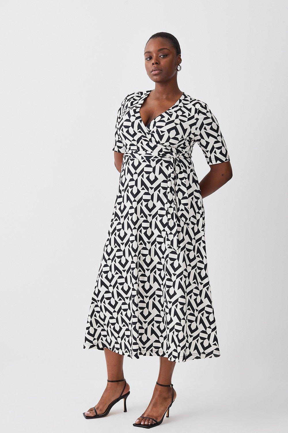 Plus Size Half Sleeve Geometric Printed Jersey Wrap Midi Dress