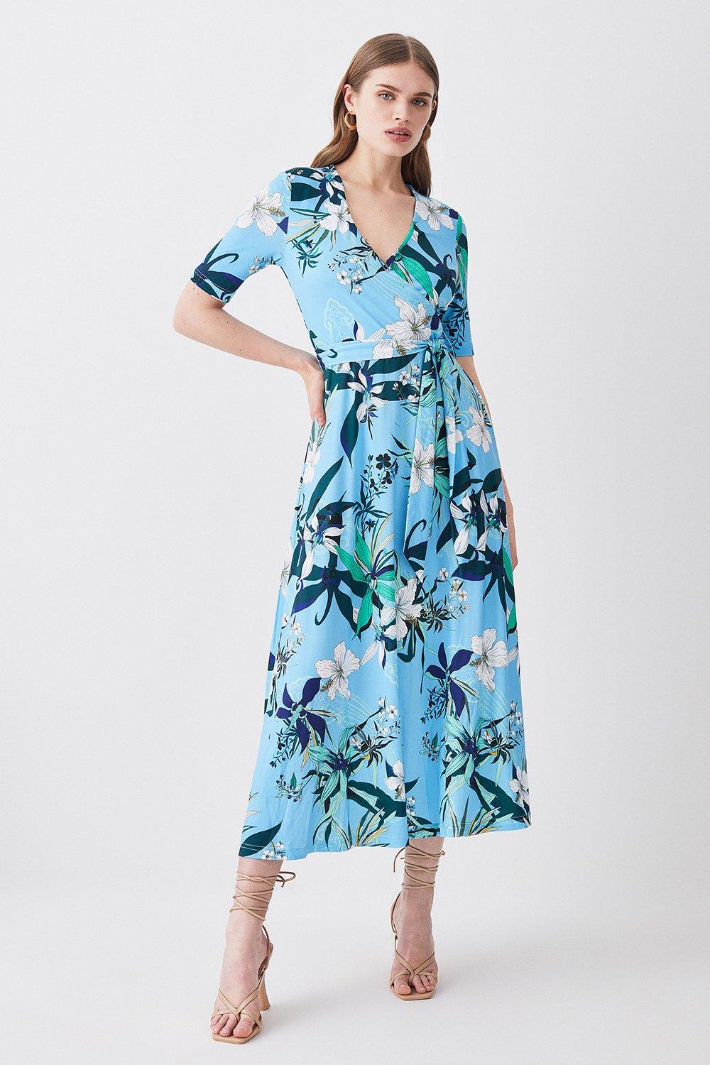 Half Sleeve Floral Printed Jersey Wrap Midi Dress