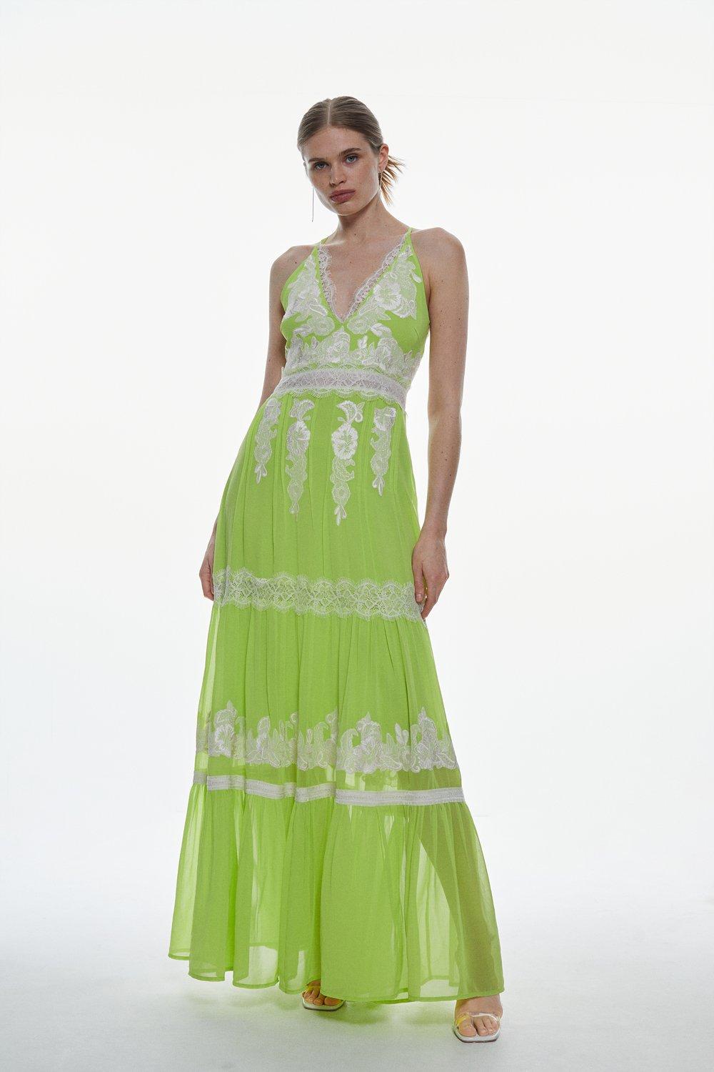 Mixed Lace And Embroidered Woven Halter Maxi Dress