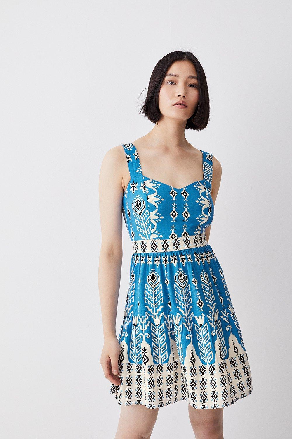 Placement Print Woven Tiered Strappy Mini Dress