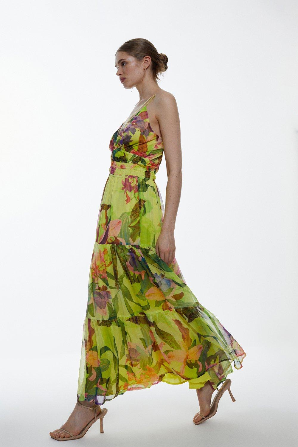 Tropical Orchid Strappy Shirred Woven Maxi Dress