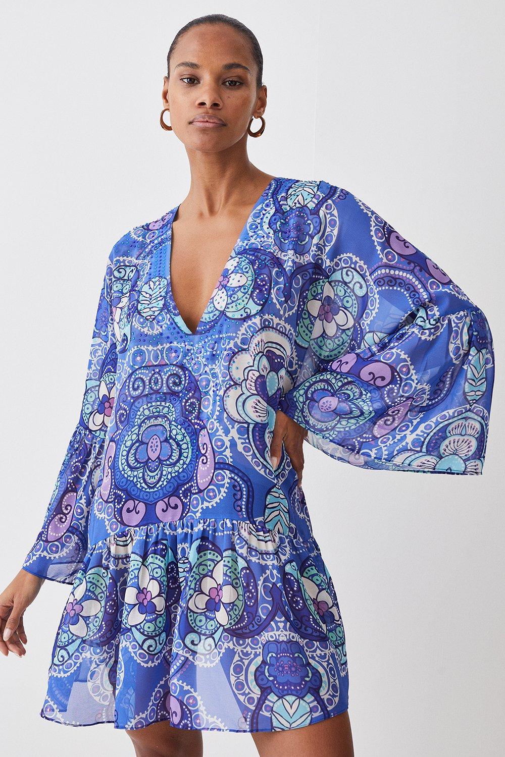 Embellished Batik Kimono Sleeve Beach Mini Dress.
